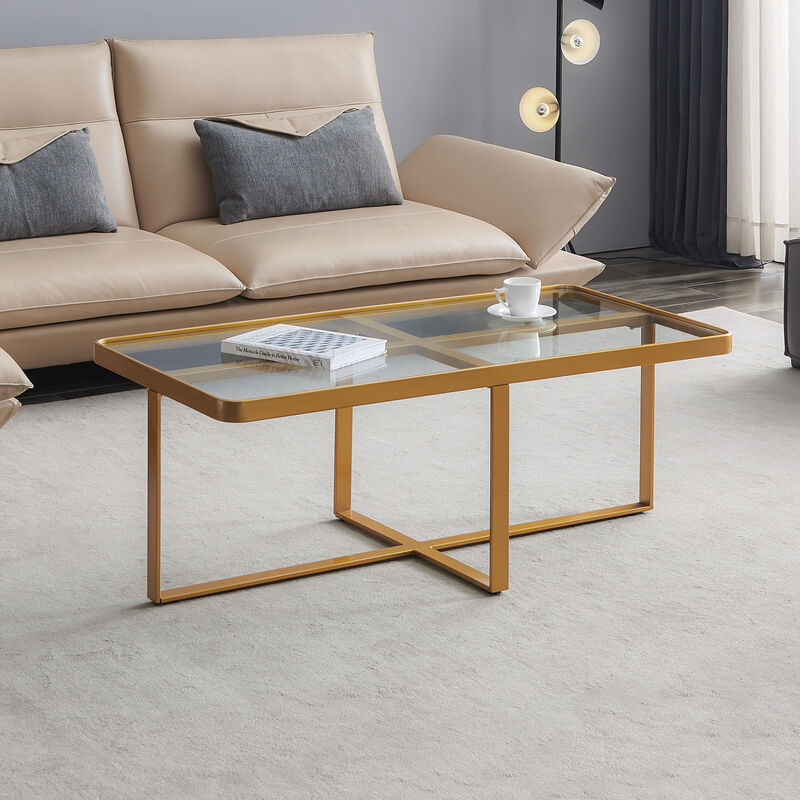 Minimalist Rectangular Coffee Table with Gold Metal Frame and Glass Top