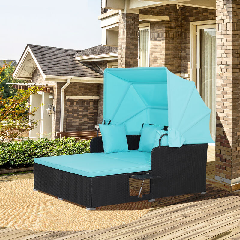 Patio Rattan Daybed with Retractable Canopy and Side Tables