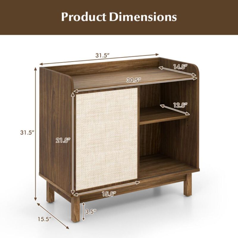 Hivvago Rattan Buffet Sideboard Mid Century Floor Storage Cabinet with Sliding Door and Adjustable Shelves