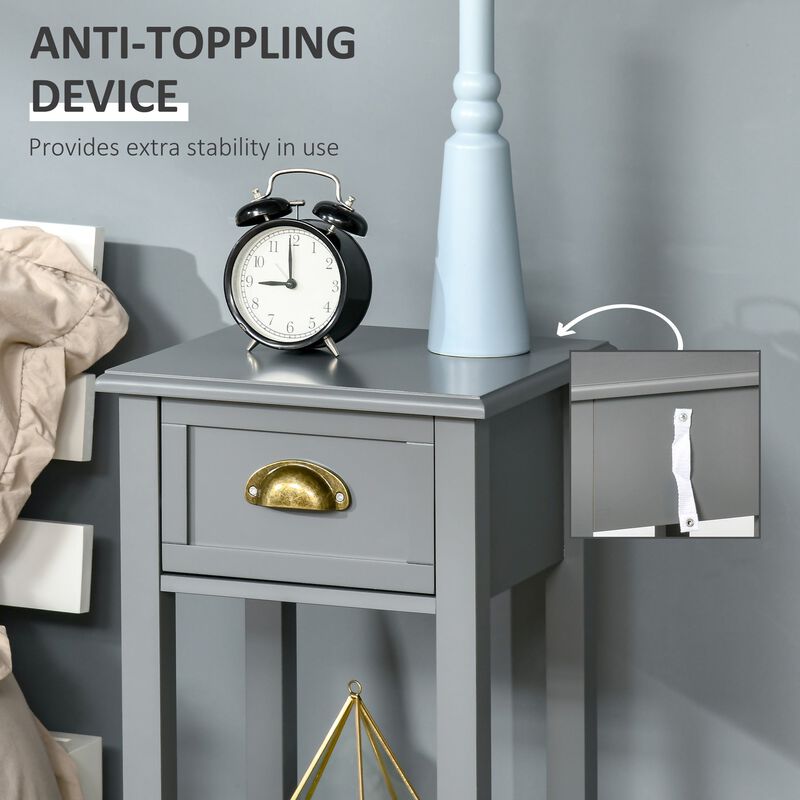 Gray Narrow Nightstand: 2-Tier Tall Side Table with Drawer and Shelf