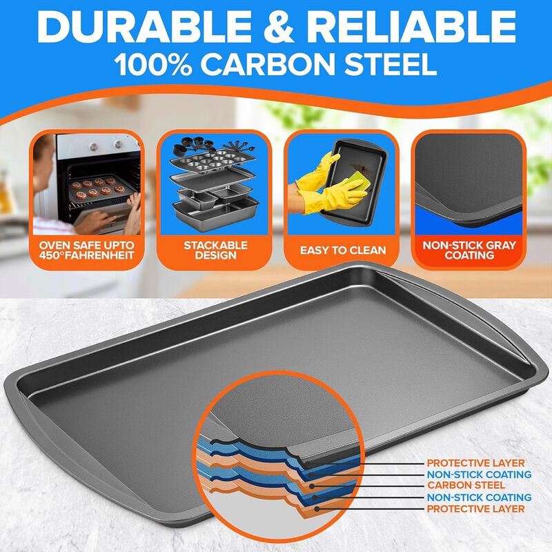 Stackable Baking Pan Set - Deluxe Nonstick White Marble Coating, Carbon Steel Bakeware Sets, PFOA, PFOS, PTFE Free, Recipe Booklet Included, Oven Safe (Up to 450°F), Set of 7 - Black