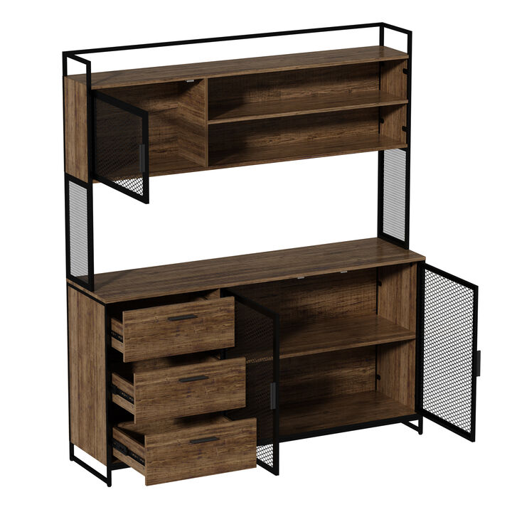 59 in. W Brown Large Kitchen Pantry Organizers Cabinet Buffet with 3-Drawers, 6 Shelves and Metal Mesh Doors