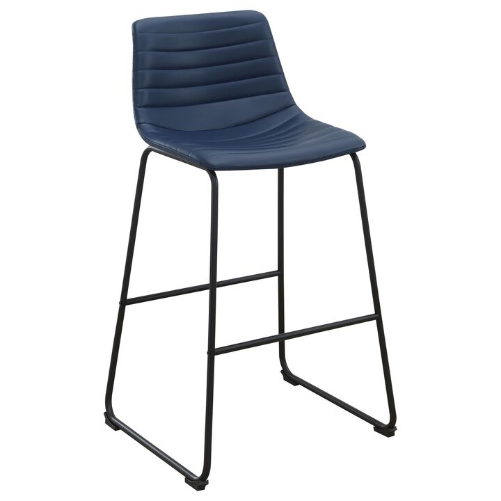 Zuno Bar Height Chair Set of 2, Blue Faux Leather, Black Metal 30 Inch - Benzara