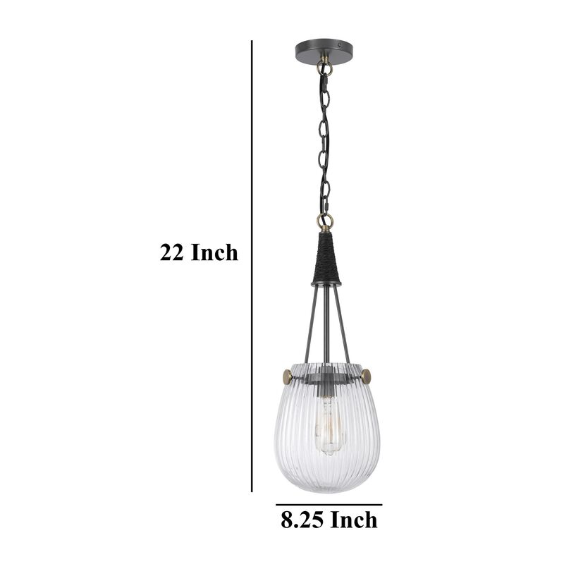 Cora 8 Inch Pendant Light w Gray Gold Chain, Fluted Raindrop Glass - Benzara