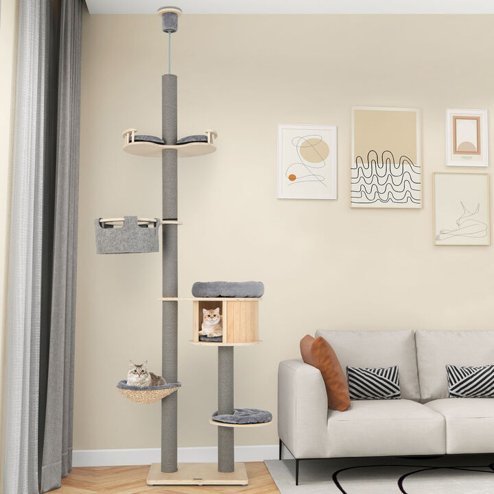 6-Tier Floor-to-Ceiling Cat Tree with Adjustable Height for Indoor Cats