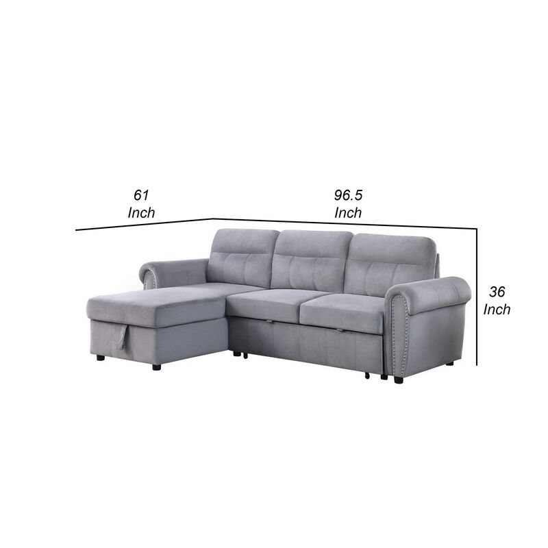 Irma 97 Inch 2 Piece Sectional Sofa, Pull Out Bed, Rolled Arm, Gray Velvet-Benzara