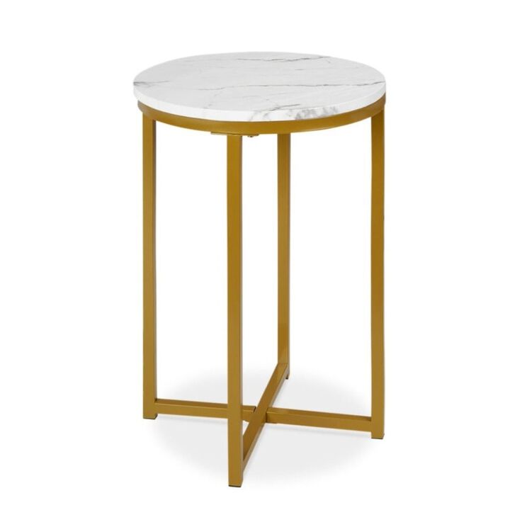 Hivvago Round Cross Leg Design Coffee Side Table Nightstand with Faux Marble Top White/Gold