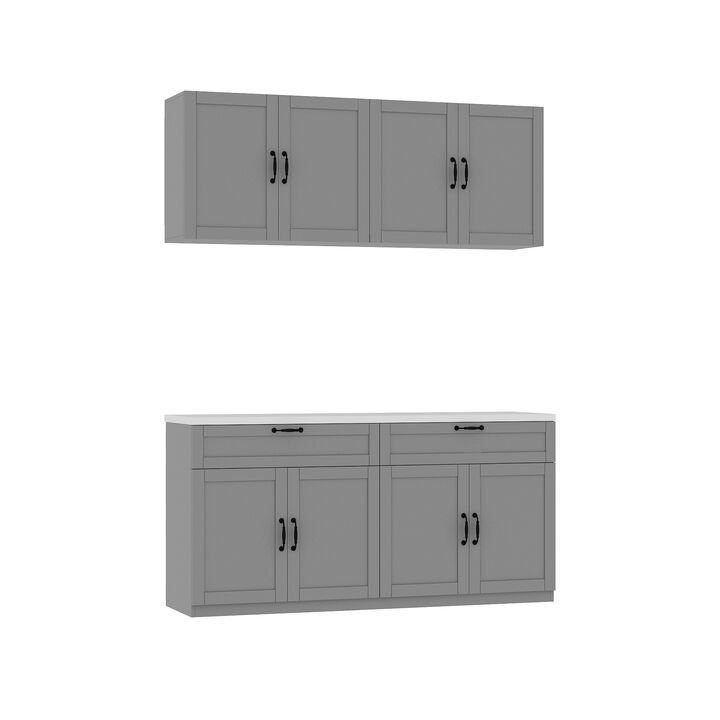 Gray Wooden 63 in. Width Food Pantry, Sideboard, Pantry Cabinet, with Wall Mounted Kitchen Cabinet