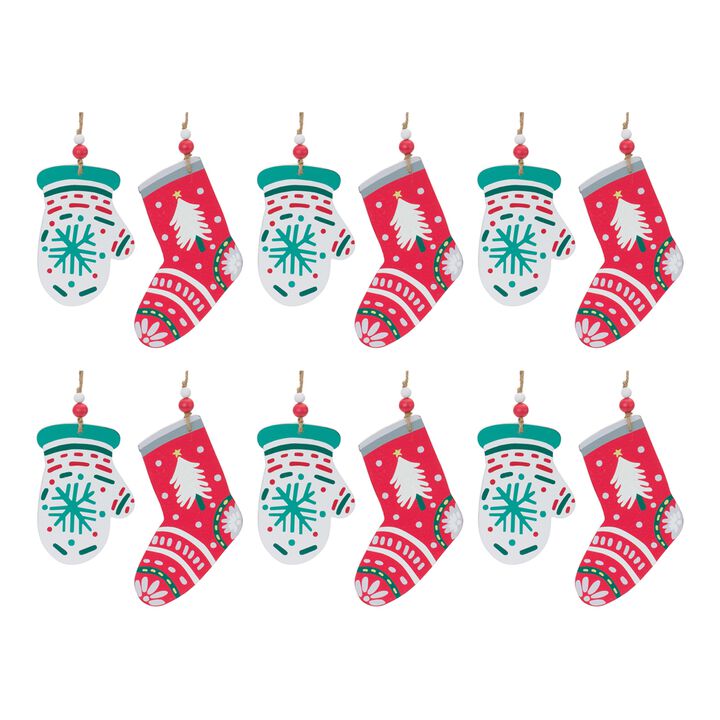 Wood Mitten and Stocking Ornaments (Set of 12) – Versatile Holiday Ornaments for Christmas Trees and Gift Wrapping
