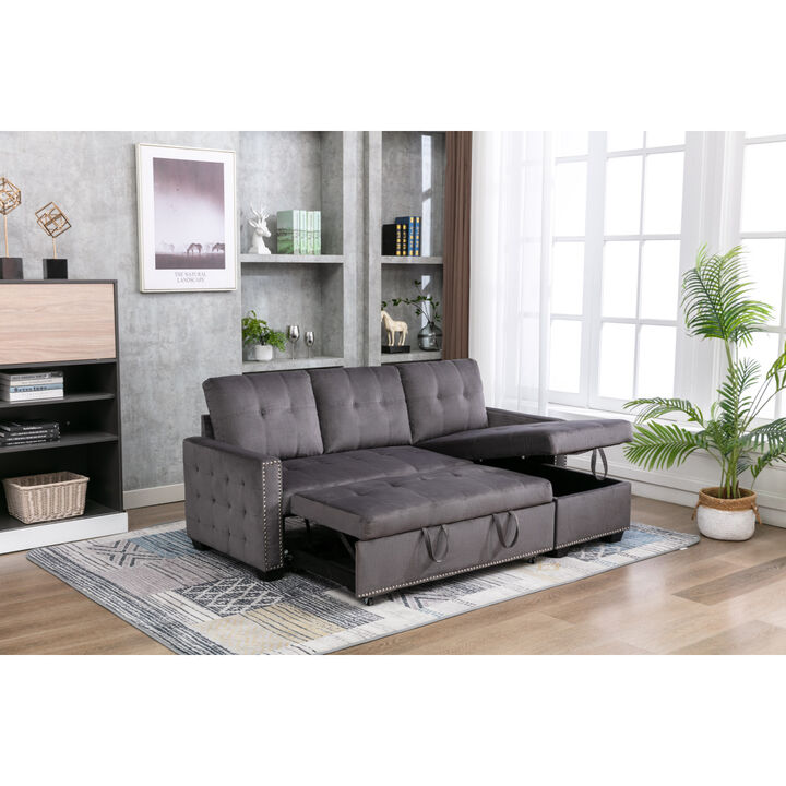 L-Shaped Velvet Sectional Sleeper Sofa, Dark Grey
