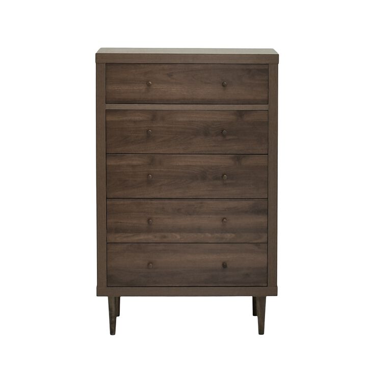 Minie Tall Dresser Chest, 5 Drawers, Rubberwood, Modern Walnut Brown - Benzara
