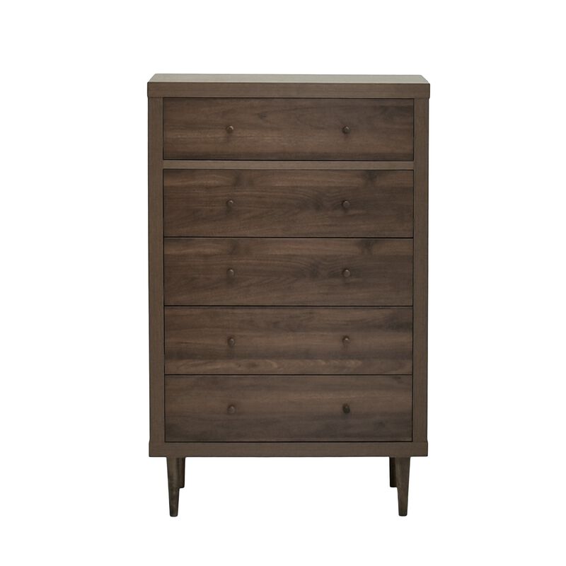 Minie Tall Dresser Chest, 5 Drawers, Rubberwood, Modern Walnut Brown - Benzara