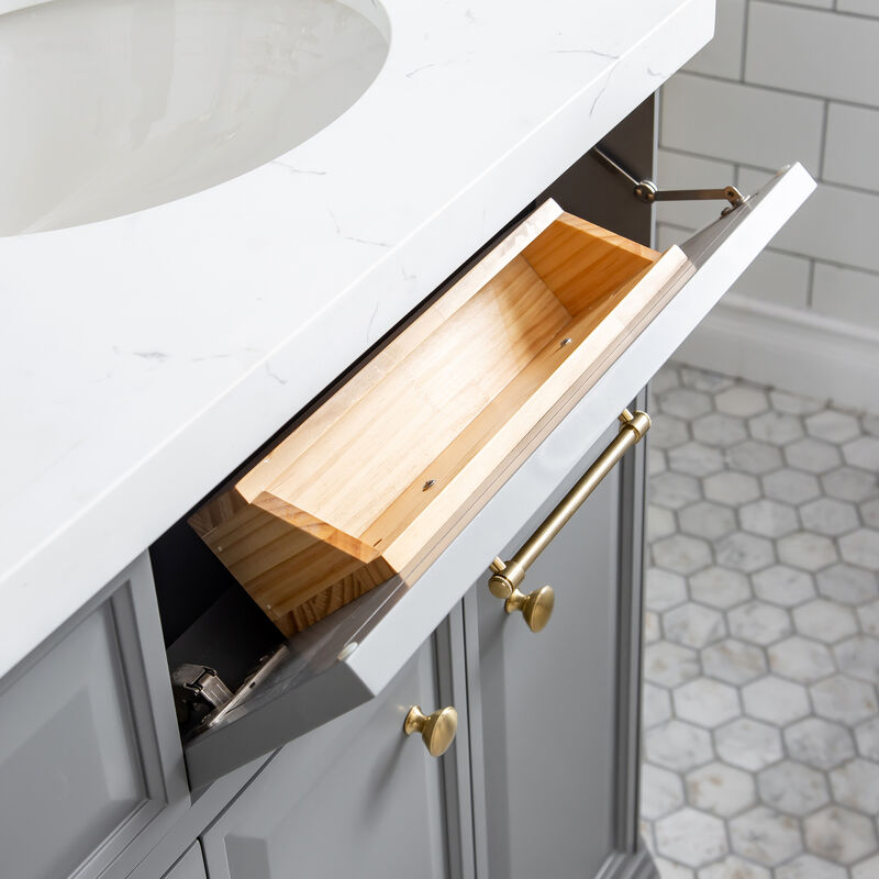 Palace 72 In. Double Sink Carrara Quartz Countertop Bath Vanity in Cashmere Grey with Satin Gold Hardware
