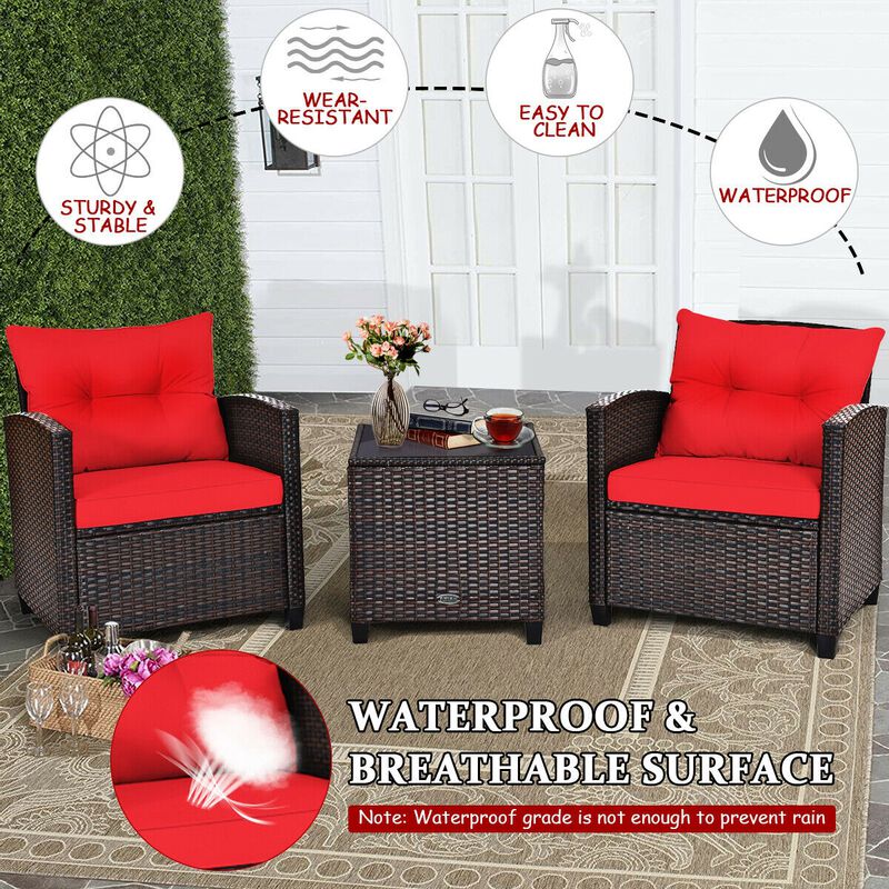 3 Pcs Patio Rattan Furniture Set Cushioned Conversation Set Coffee Table