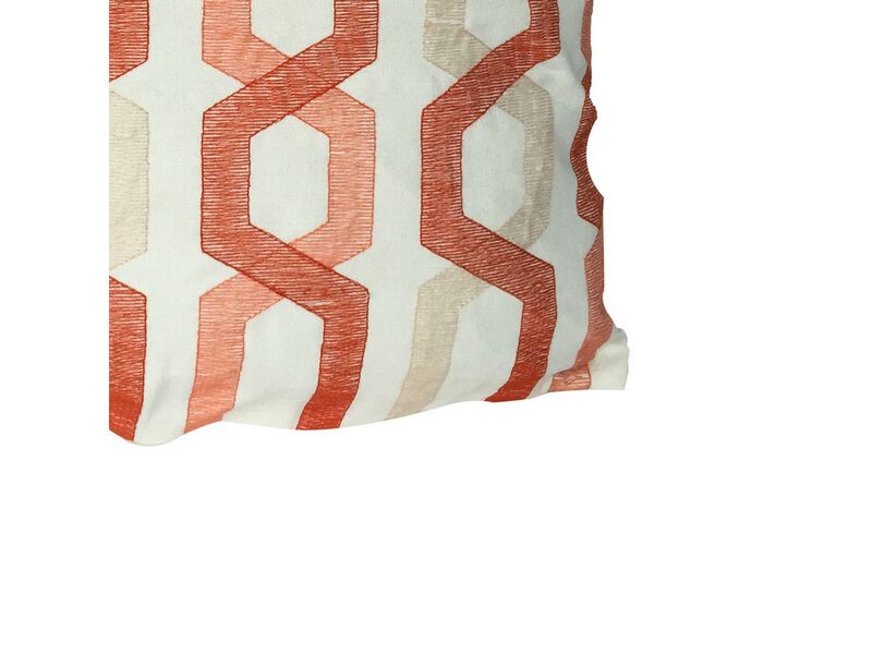 Contemporary Cotton Pillow with Geometric Embroidery, Red and Cream- Benzara