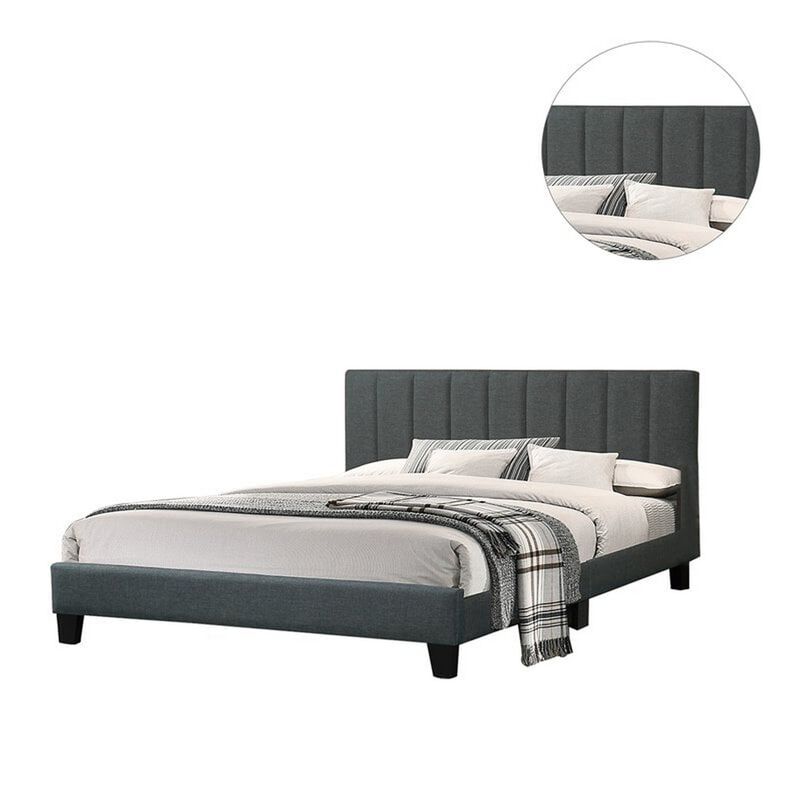 Eve Platform King Size Bed, Vertical Channel Tufting, Charcoal Upholstery - Benzara