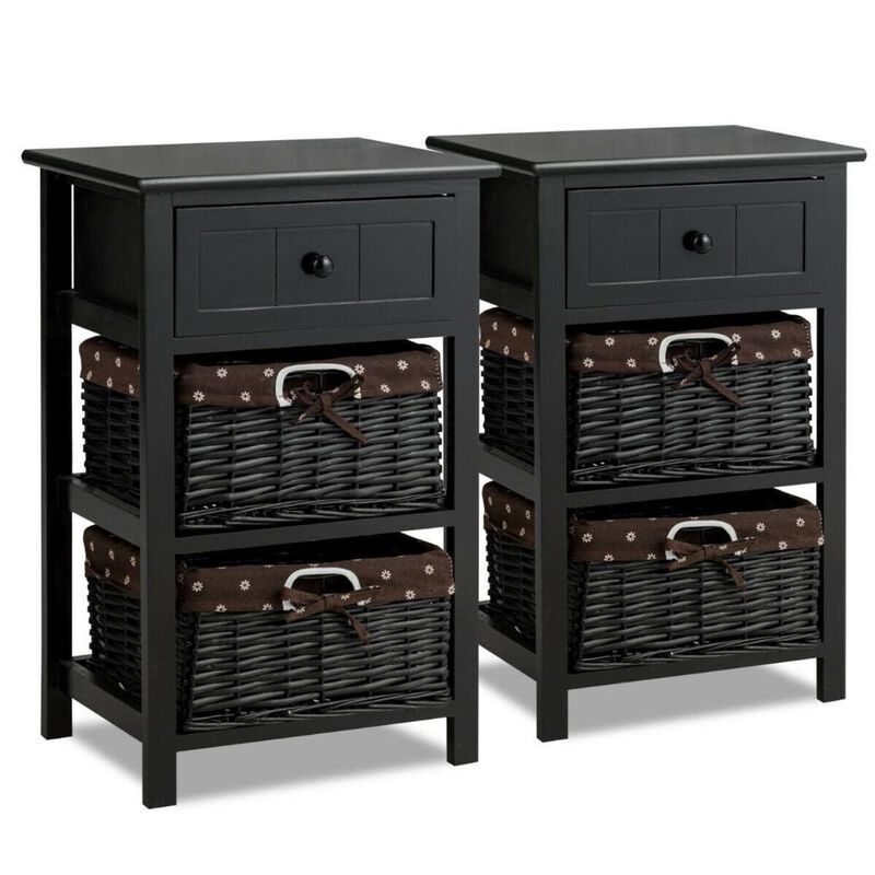 Set of 2 3 Layer 1 Drawer Wood Bedside End Table Nightstands