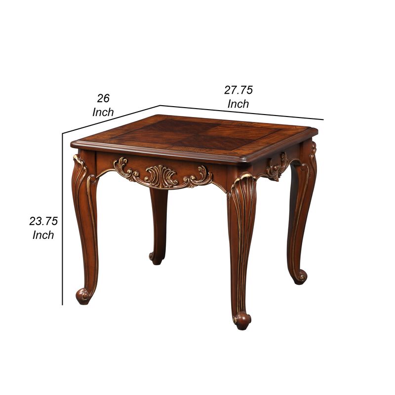 Lisa 28 Inch Side End Table, Ornate Curved Apron, Cabriole Legs, Brown - Benzara