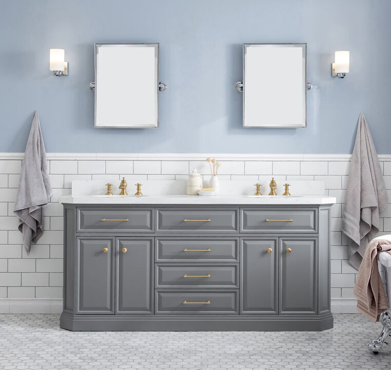 Palace 72 In. Double Sink Carrara Quartz Countertop Bath Vanity in Cashmere Grey with Satin Gold Hardware