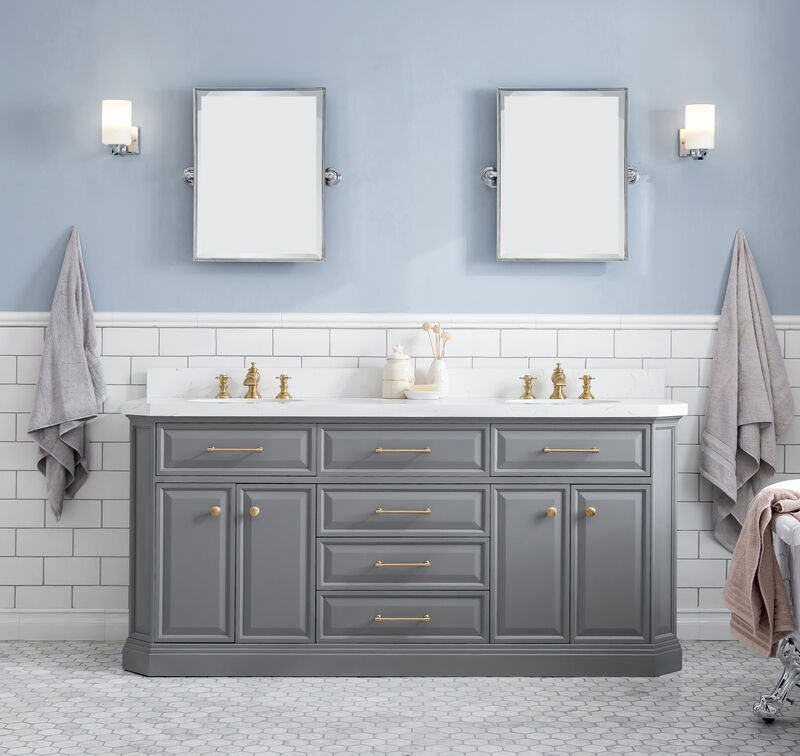 Palace 72 In. Double Sink Carrara Quartz Countertop Bath Vanity in Cashmere Grey with Satin Gold Hardware