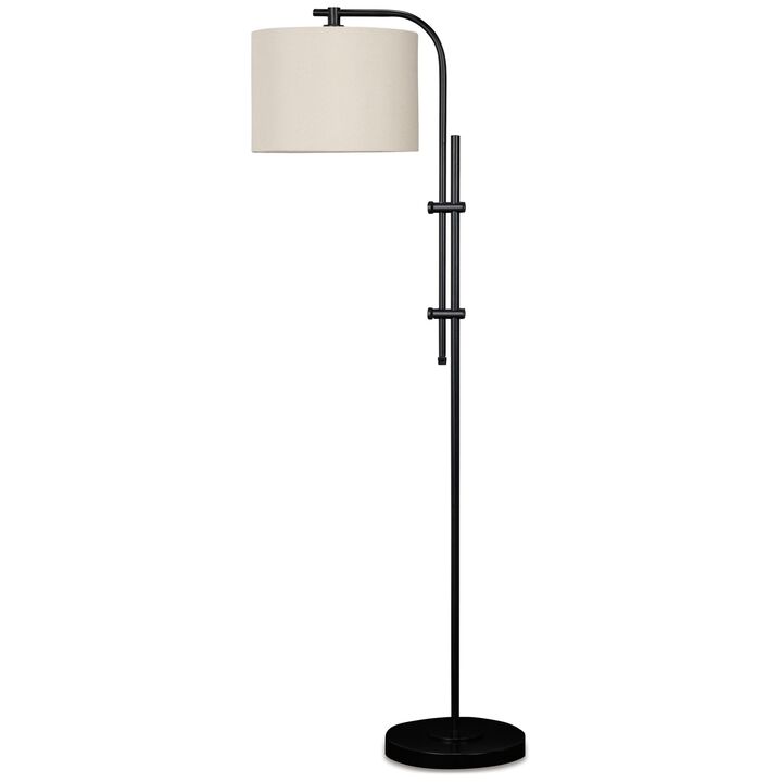 Mney Floor Lamp, Adjustable Arm, White Drum Shade, 60 Inch Black Metal - Benzara