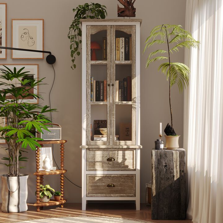 FUFU&GAGA Modern Tall Bookshelf with Glass Doors and Drawers for Home Office and Study, (23.6" W x 73" H x 15.7" D), White & Brown