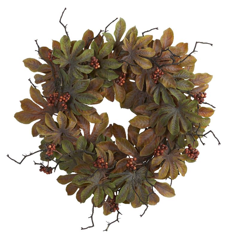 Nearly Natural 24-in Fatsia with Berries Autumn Artificial Wreath