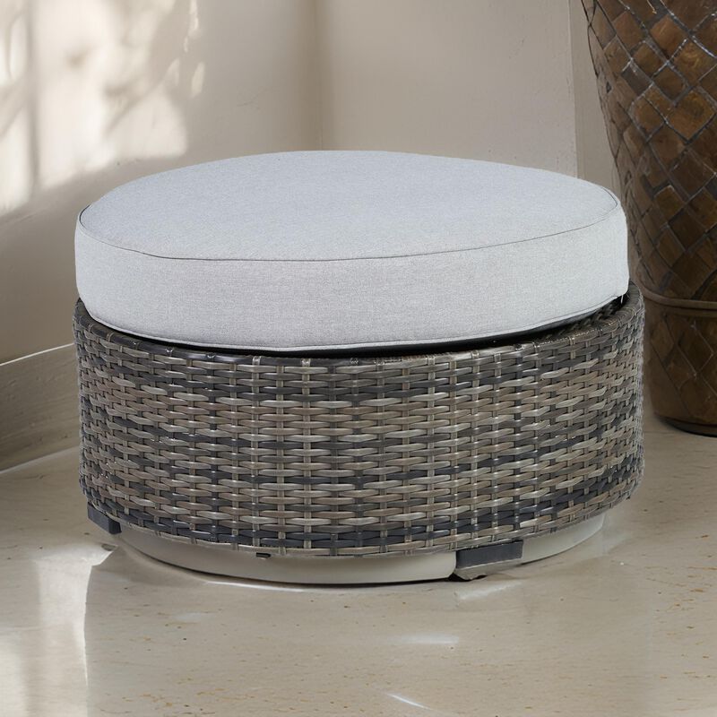 Saki 32 Inch Outdoor Ottoman, Round Cushion, Wicker, Light Gray Fabric - Benzara