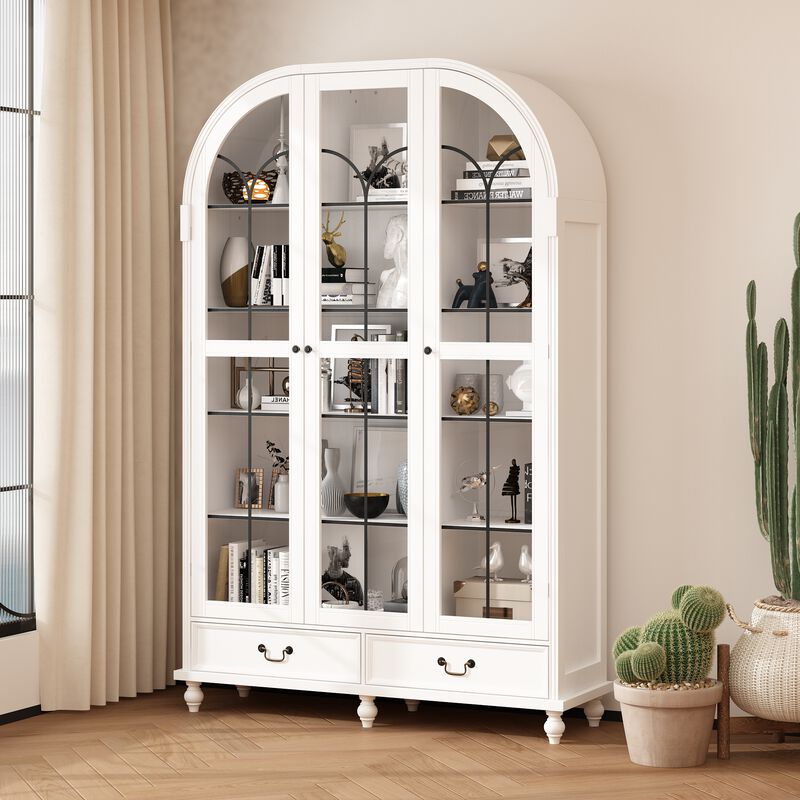 FUFU&GAGA Modern White Bookcase with Glass Doors, 2 Drawers & 8 Shelves, Elegant Storage for Living Room, Bedroom, or Office (77.2"H x 50.4"W x 15.7"D), White