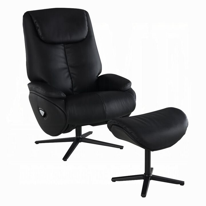 Nita Swivel Accent Chair with Ottoman, Plush Black Top Grain Leather - Benzara