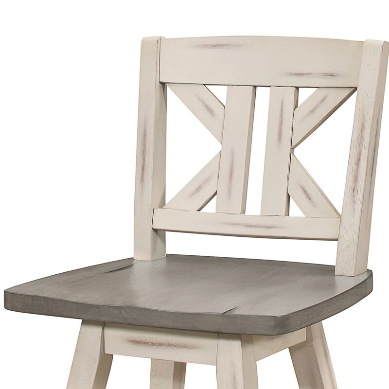 Ati 29 Inch Bar Height Stool Swivel Chairs Set of 2, Divided X Back, Gray, White - Benzara