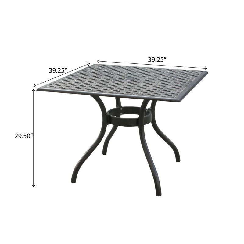 Cay Outdoor Dining Table, 40 Inch Square Top, Black Lattice Metal Design
