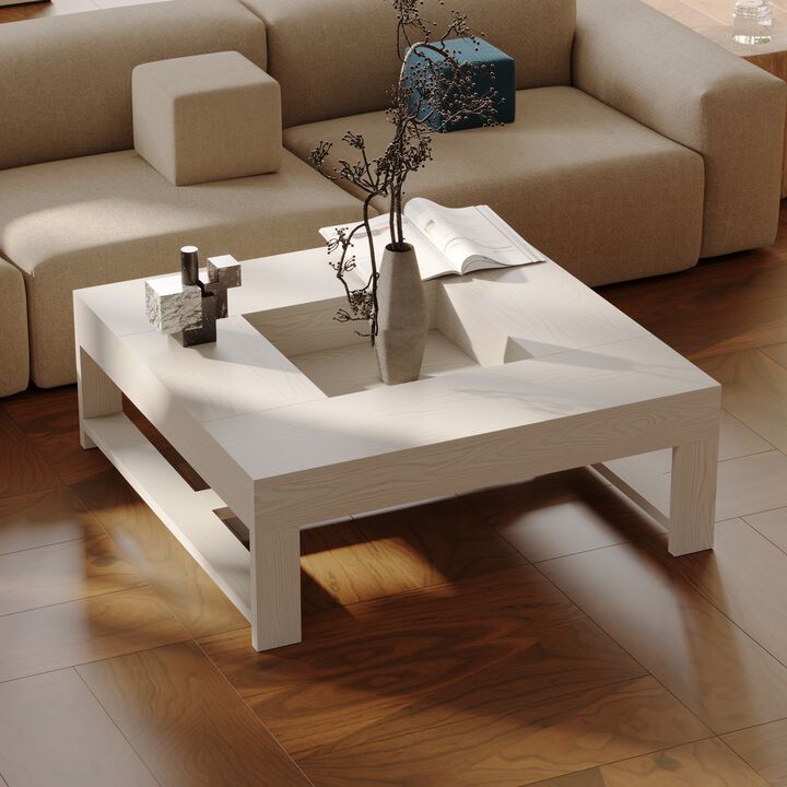 FUFU&GAGA Modern White Wood Coffee Table – Solid Wood, Square Design, Spacious Tabletop with Built-in Storage, Sturdy Frame (43.3" W x 43.3" D x 15.7" H), White