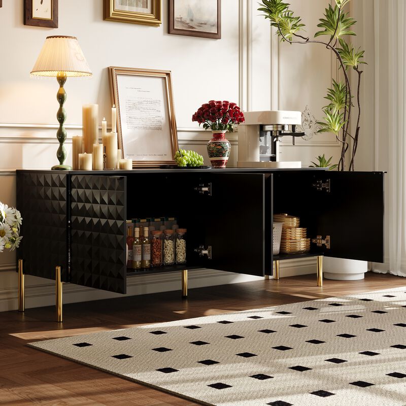 FUFU&GAGA Modern Black Storage Cabinet with Gold Legs, P2 MDF, with Textured Doors and Adjustable Shelves (55.3" W x 21.9" H x 15.7" D), Black