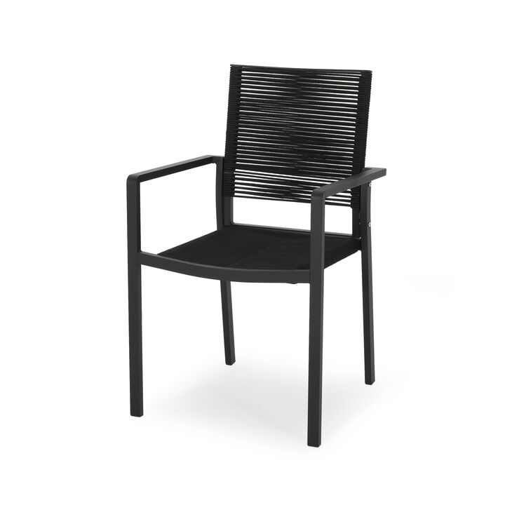 Sibu Outdoor Dining Chair Set of 2, Black Metal, Woven Rope Seat and Back - Benzara