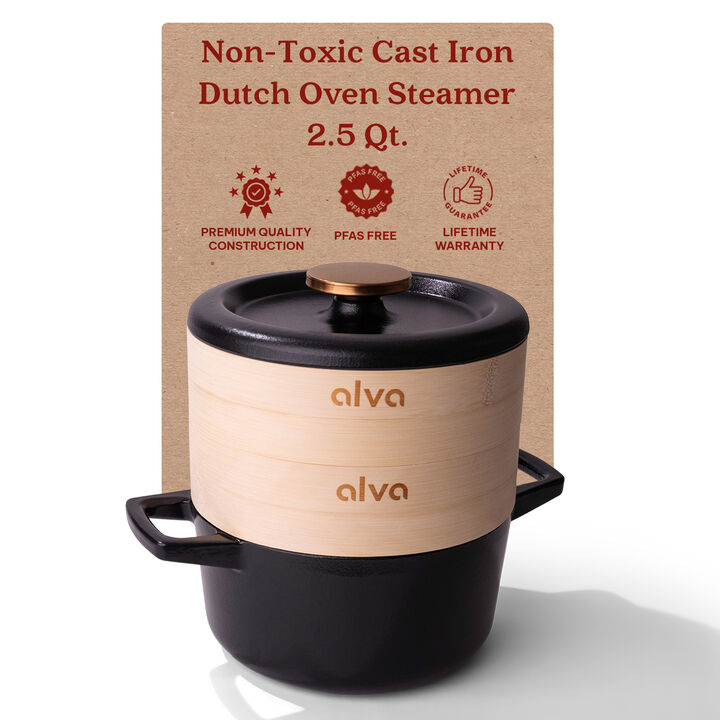 Alva Nori Enameled Cast Iron Dutch Oven with Lid & Bamboo Steamer Basket 2.5 Qt. Nonstick Stove-to-Table Enamel Coated Pot, Non Toxic, Compatible with All Stovetops, Oven Safe & Induction Safe