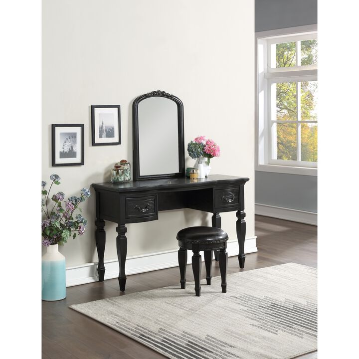 Bedroom Classic Vanity Set Wooden Carved Mirror Stool Drawers Black Color