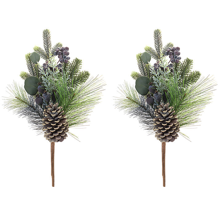 Set of 2 Pine, Berry, and Eucalyptus Picks – Polyester/PVC Christmas Decorations for Home, Table, and Winter Display