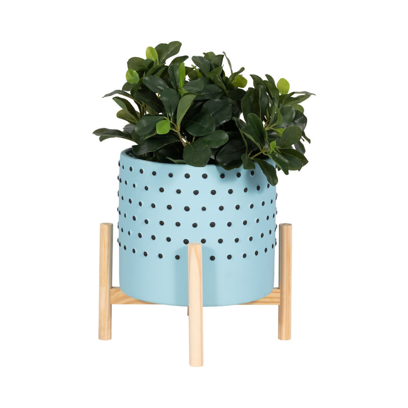10" Dotted Planter with Wood Stand, Blue