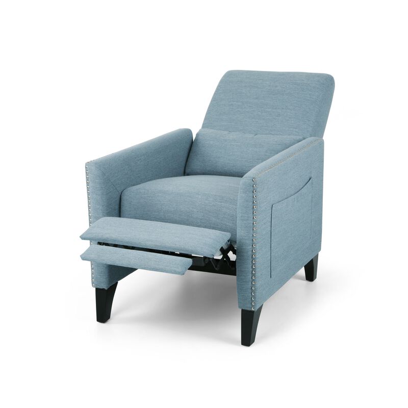 Davy Pushback Recliner Chair, Nailhead Trim, Birch Wood, Blue Fabric - Benzara