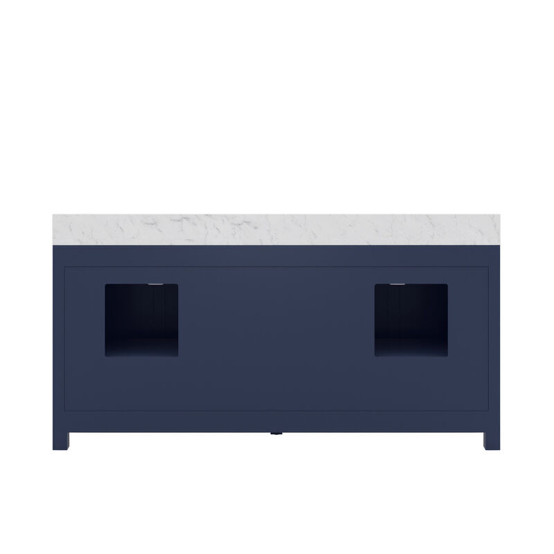Madison 72 In. Double Sink Carrara White Marble Countertop Bath Vanity In Monarch Blue with Satin Gold Hardware