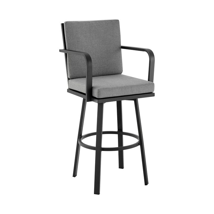 Faye 30 Inch Modern Patio Barstool, Black Aluminum Frame, Gray Cushions-Benzara