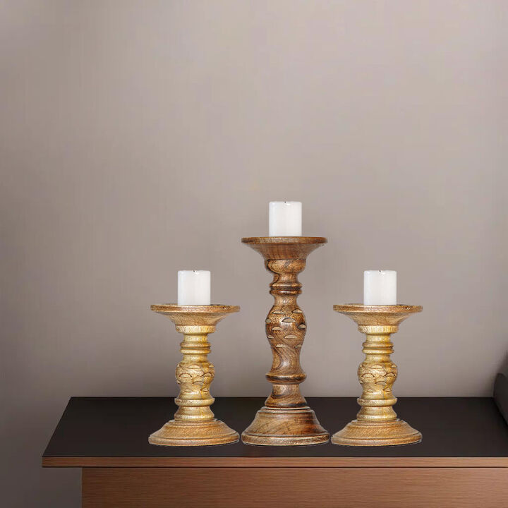 Traditional Medium Burnt Eco-friendly Handmade Mango Wood Set Of Three 6",9" & 6" Pillar Candle Holder