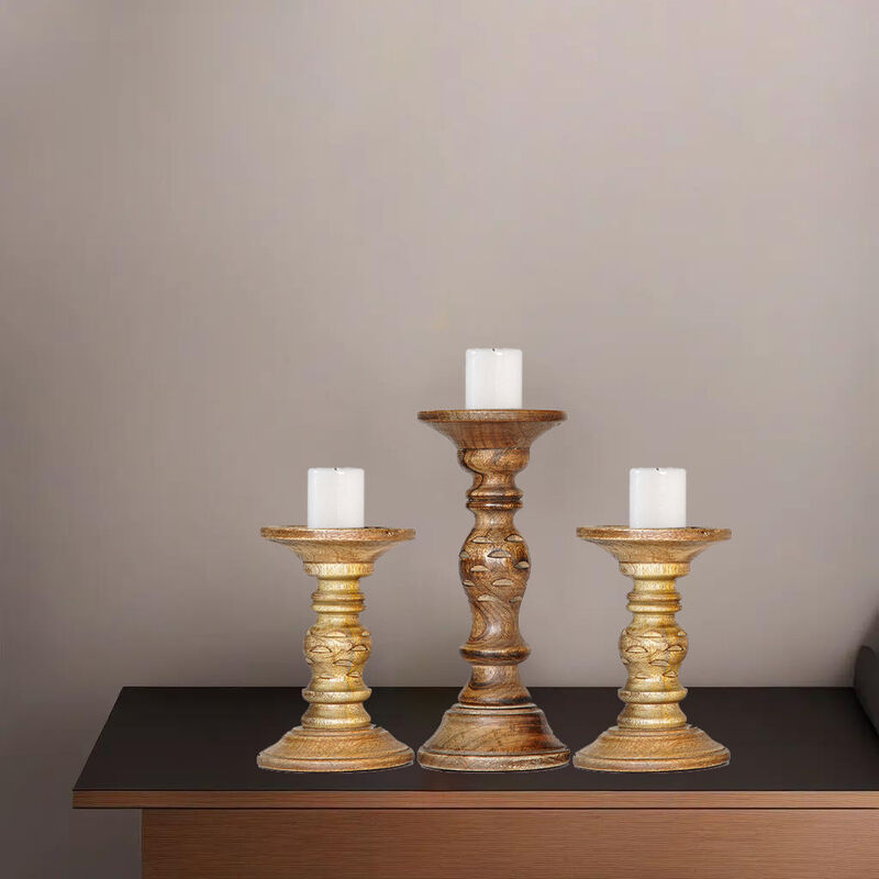 Traditional Medium Burnt Eco-friendly Handmade Mango Wood Set Of Three 6",9" & 6" Pillar Candle Holder