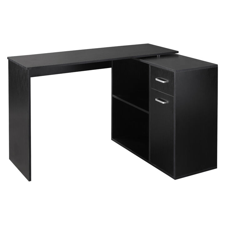 180 Rotating Corner Desk with Storage Shelves and Drawer, Black