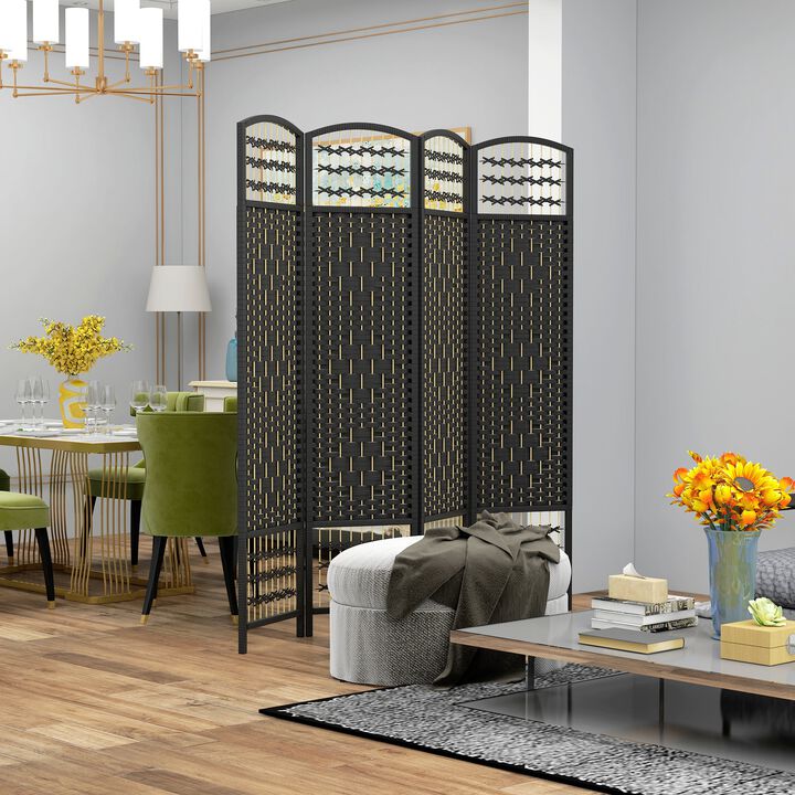Black Room Separator: 4-Panel Folding Wave Privacy Screen