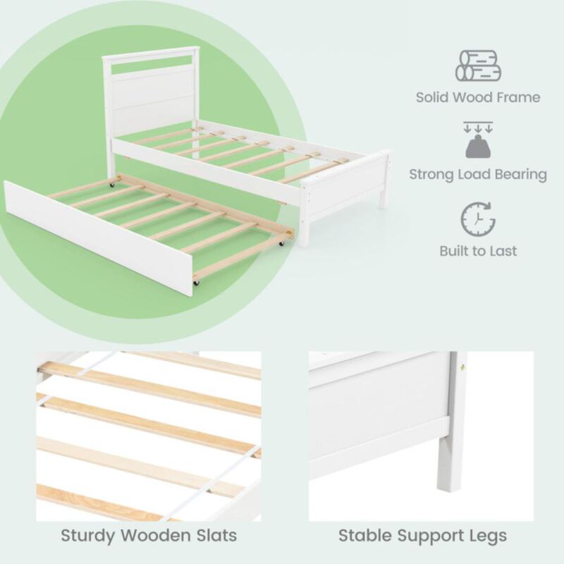Hivvago Twin Size Wooden Bed Frame with Trundle for Teens and Adults