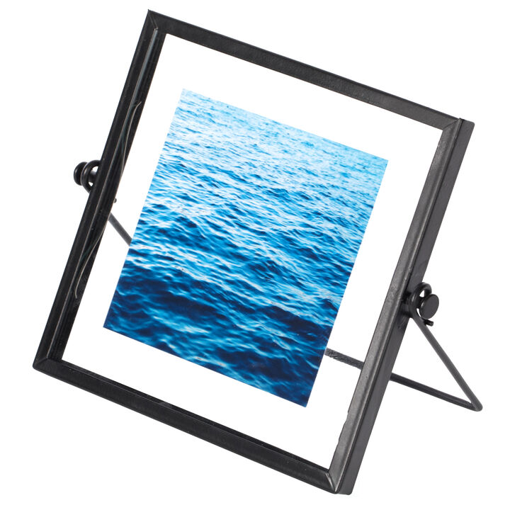 Modern Metal Floating Tabletop Square Photo Picture Frame with Glass Cover and Easel Stand, Black 4" x 4"