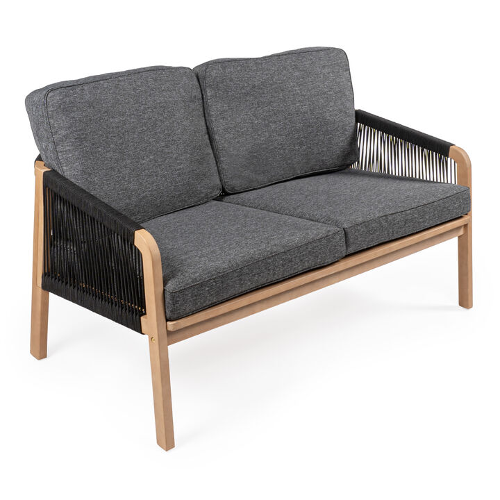 Arwen Modern Bohemian Roped Acacia Wood Outdoor Loveseat with Cushions