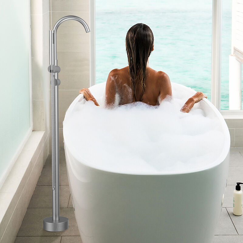 Freestanding Tub Faucet, Brushed Nickel Floor Mount Bathtub Filler with Swivel Spout & Hand Shower